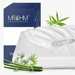 MR&HM Twin Fitted Sheet Only, Ultra-Soft Rayon Derived from Bamboo & Polyester Blend, Silky & Breathable, 15" Deep Pocket with Elastic Straps, Cooling Fitted Sheet for Hot Sleepers, White