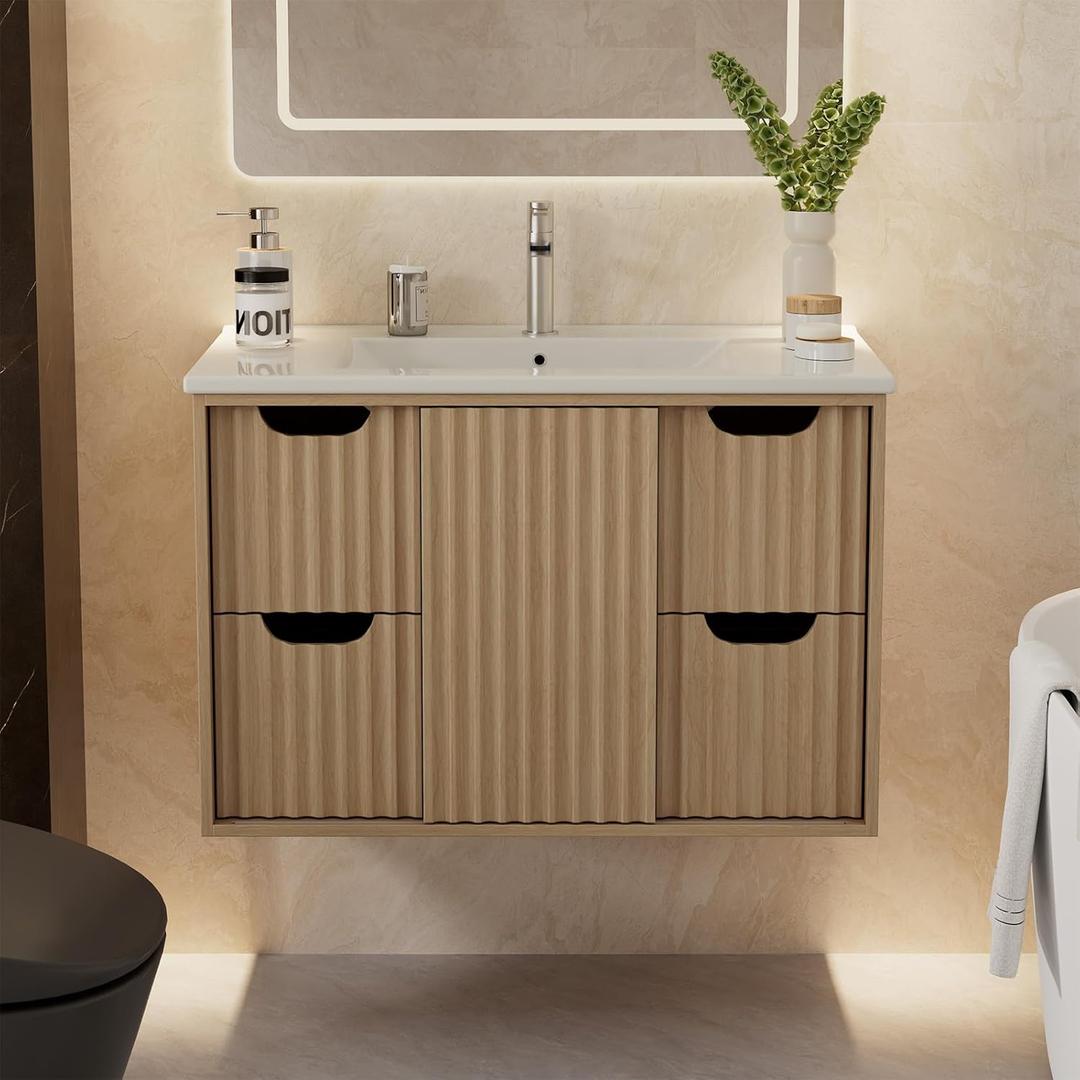 30 Inch Floating Bathroom Vanity with Sink, Modern Wall-Mounted Vanity Cabinet with 4 Large Drawers, Sliding Door Storage, Waterproof Wood Finish, Bathroom Vanity with Sink for Small Spaces