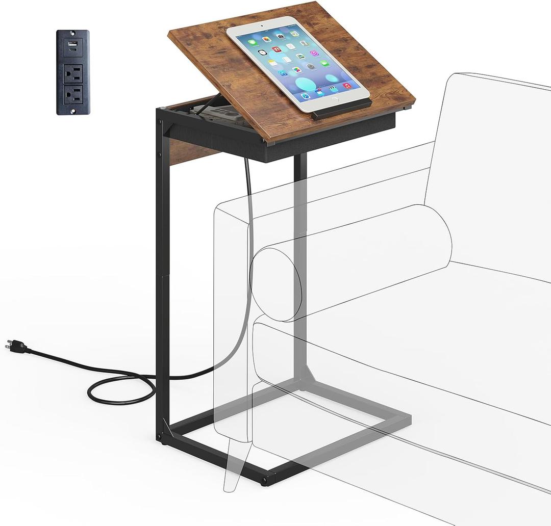 C Shaped End Table with Charging Station, 45 Tiltable Adjustable Flip Top Table with Storage,Small C Table for Small Spaces,Slide Under Couch Sofa Bedside Table for Living Room,Rustic Brown