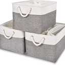 HOdo Home 15.811.89.5 In/3PCS Storage Bins, Fabric Bin with Drawstring Closure and 2 Bold Handles, Collapsible Large Canvas Baskets for Organizing Shelf Nursery Home Closet (White and Grey)