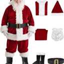 Santa Claus Costume for Men Adult - Deluxe 9pc Santa Suit, Velvet Santa Outfit Set for Holiday Parties & Festive Events (Crimson-6pcs)
