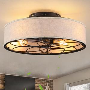 20" Caged Ceiling Fan With Light Low Profile Fabric Farmhouse Bladeless Ceiling fan With Remote Control,Low Profile Modern Enclosed Ceiling Fans with Reversible Motor for Bedroom,Include 4 Bulbs (Brown)