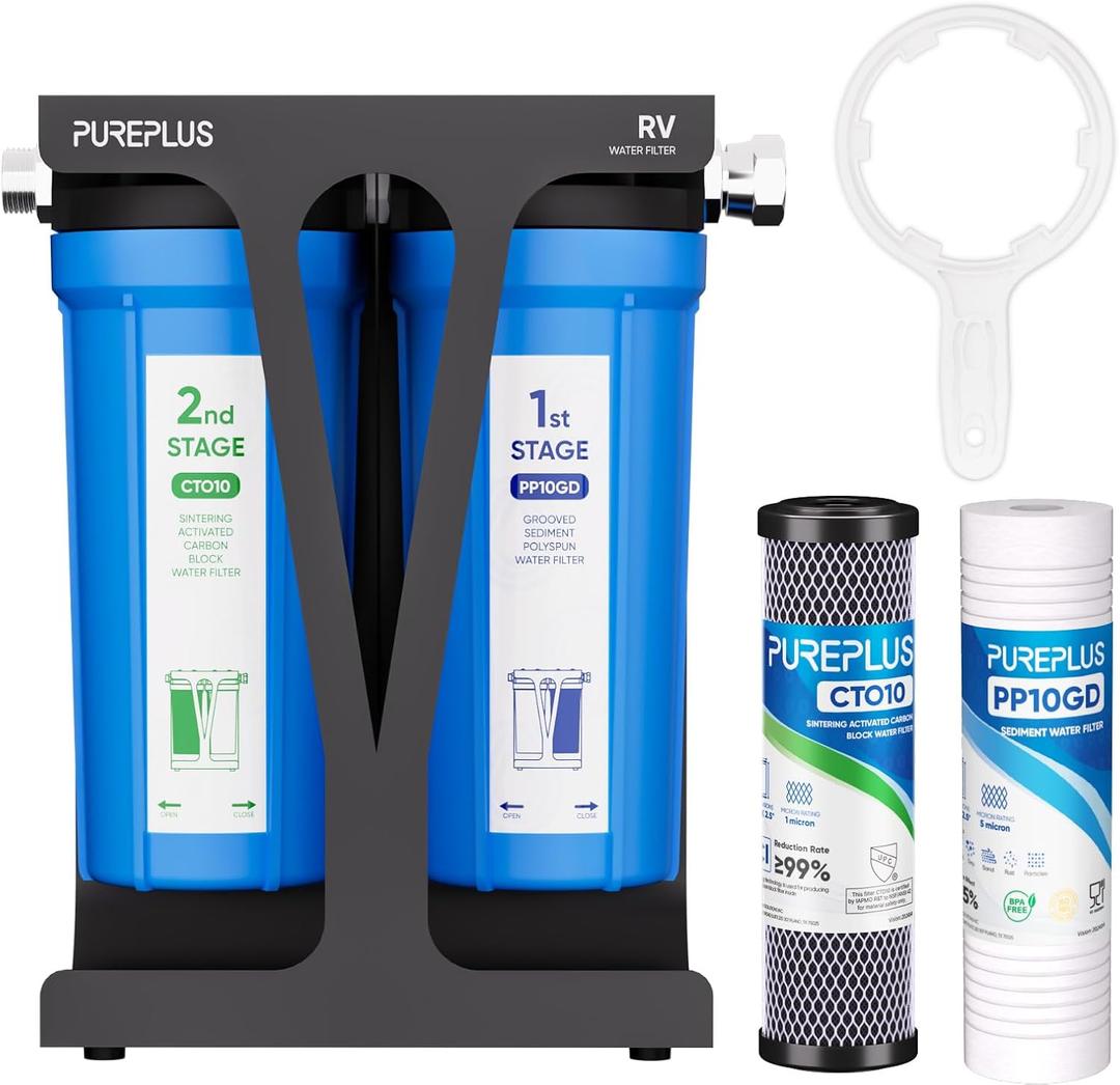 PUREPLUS RV Dual Stage Water Filter System with Grooved Sediment and Carbon Cartridges, NSF/ANSI 42 Certified, Stainless Steel 3/4" Fittings, Reduces Sediment, Chlorine, Odors and More