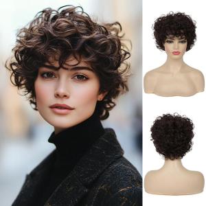 Short Curly Wavy Brown Wigs for Women Synthetic Halloween Cosplay Hair Wig