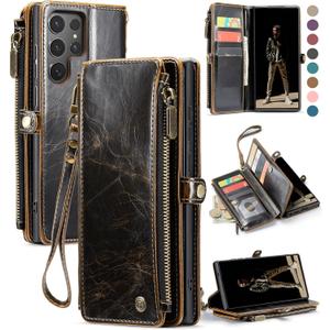 Defencase for Galaxy S25 Ultra Case Wallet with RFID Blocking Card Holder for Women Men, PU Leather Magnetic Snap Flip Wrist Strap Zipper Wallet Phone Cases for Samsung Galaxy S25 Ultra 6.9", Coffee