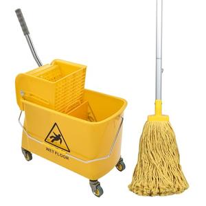 MopBucket with Wringer, 22 Qt (5.5 Gallon), Floor Cleaning, Handle, Wheels, 16.5" L x 10.6" W x 26.4" H, Yellow,Plus One Cotton Mop