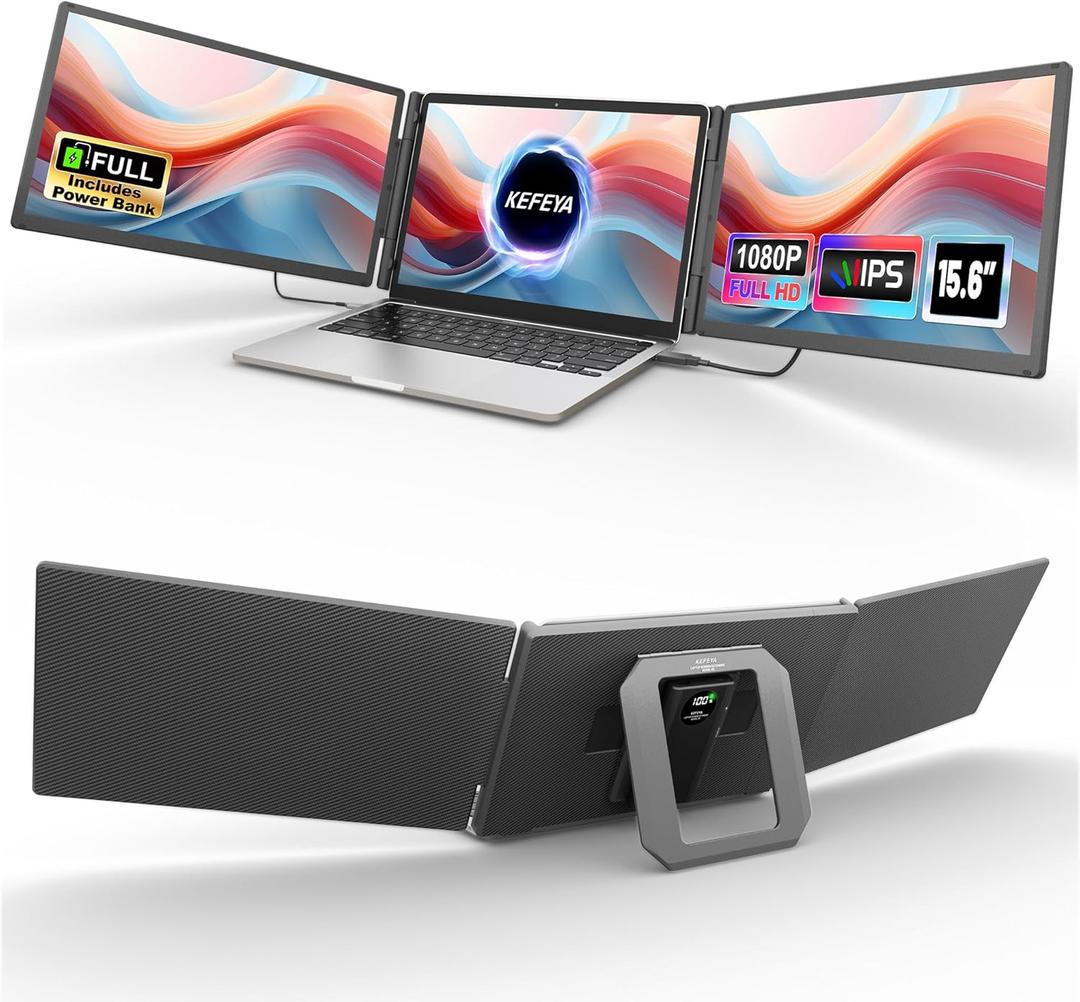 KEFEYA 15.6" Laptop Screen Extender, Includes Power Bank, FHD 1080P IPS Triple Laptop Monitor Extender for 13-17" Laptops, Plug & Play with HDMI/USB-A/TYPE-C/Hub, Compatible with Windows, Mac, Android