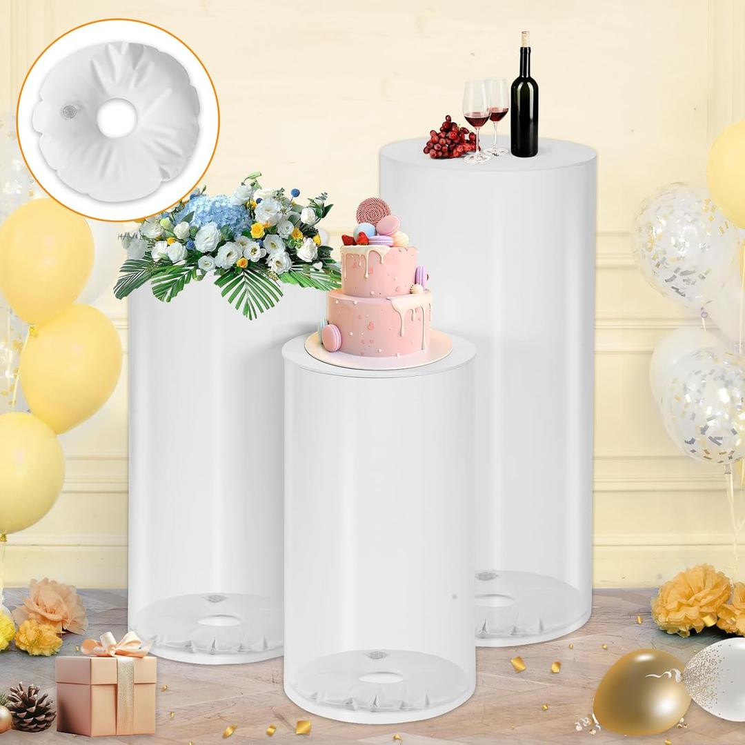 Thickened PVC Cylinder Pedestal Stands 3Pcs with Free Weighted Water Bag - White Round Pedestal Stand for Wedding, Birthday, Babyshower Decoration 35.4''(L),29.5''(M),23.6''(S)