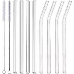 ALINK Glass Smoothie Straws, 10" x 10 mm Long Reusable Clear Drinking Straws, Pack of 8 with 2 Cleaning Brushes