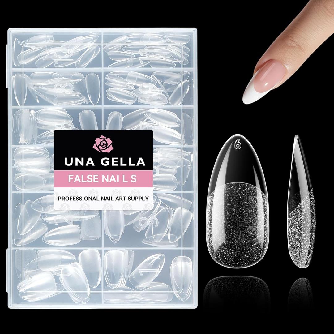 UNA GELLA Almond Nail Tips, 216pcs Pointed Almond Gel Nail Tips Pre-shape Half Matte Full Cover Clear Acrylic Soft Gel Fake Nails for Nail Extension Nail Art 12 Sizes