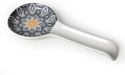 Bohemian Spoon Rest for Kitchen, Colorful Ceramic Spoon Holder for Stove Top, Cooking Spoon Holder Heat Resistant Utensil Rest for Countertop, Housewarming Gifts Modern Kitchen Decor (Grey)