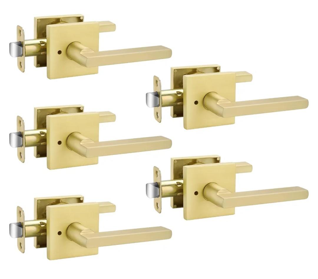 Goldenwarm Gold Door Handles Interior, Zinc Alloy Heavy Duty Brushed Gold Interior Door Handles for Bedroom Bathroom, Modern Square Privacy Door Levers (5 Pack)