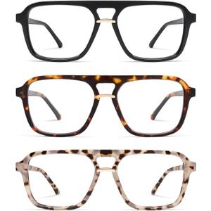 AMOMOMA 3 Pack Trendy Aviator Reading Glasses for Women Men Stylish Square Blue Light Blocking Readers AM6164 (Black+brown Tortoise+grey Tortoise)