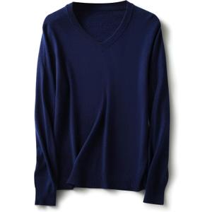 Women's Merino Wool Blend Sweater Fall Winter V Neck Long Sleeve First-Line Ready to Wear Seamless Knit Sweater (Blue)