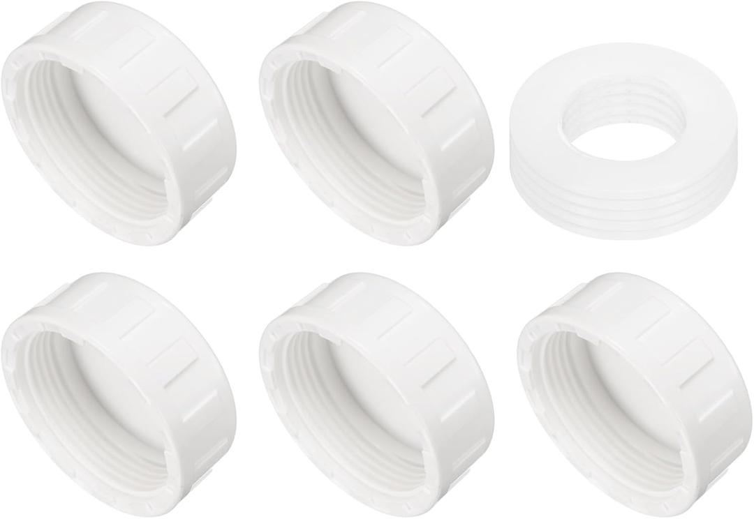 uxcell 5Pcs 1-1/2 Inch PT Female Thread PVC Pipe Fitting Cap, Cleanout Water Drain End Caps, Pipe Plug Socket Fittings with Gasket for Water Heater Supply Lines, Plumbing, White