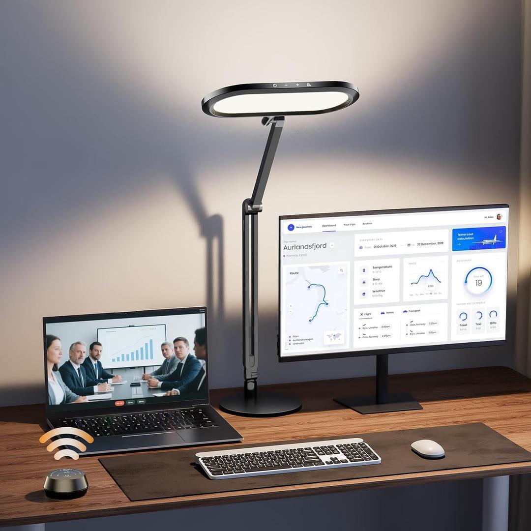 Premium LED Desk Lamp for Home Office Eye-Caring Double Side Light with Knob Remote, Stepless Dimming & Color, Memory, Metal Table Lamp for Zoom, Studying, Video Conference, Flicker-Free, Glare-Free