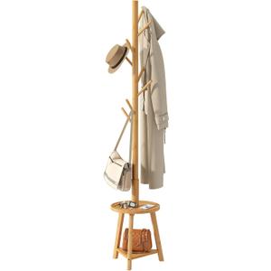 BMOSU Coat Rack freestanding Stand with 2 Shelves Bamboo Wooden Coat Tree Easy Assembly 8 Hooks Standing Jackets Hanger Hallway Office Floor Coat Stand Nature