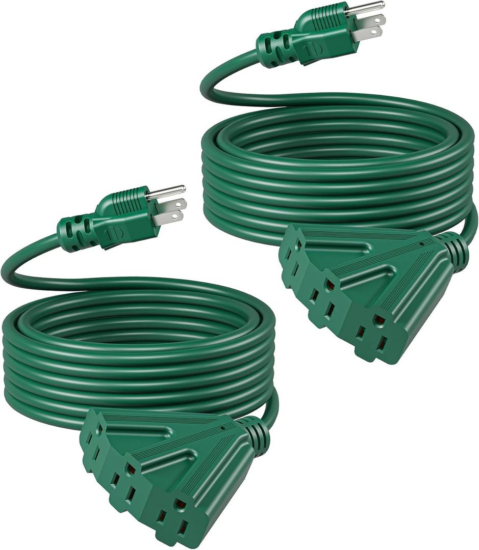 DEWENWILS 25 FT Green Outdoor Tri-Tap Extension Cord Splitter,Halloween Weatherproof 16/3 SJTW Power Cable for Outdoor String Light, Holiday Decoration and Landscaping Lights, ETL Listed, Pack of 2