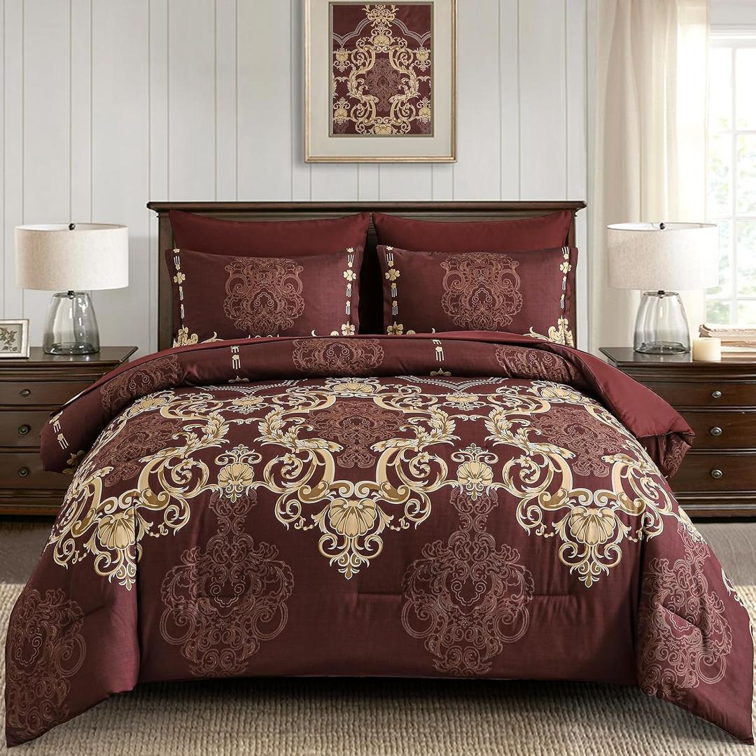 Mybedsoul 7 Pieces Burgundy Comforter Set King Size, Damask Bed in a Bag for King Bed, Lightweight Microfiber Boho Bedding Sets with Comforter, Sheet, Pillowcases & Shams for All Season(90"x104")
