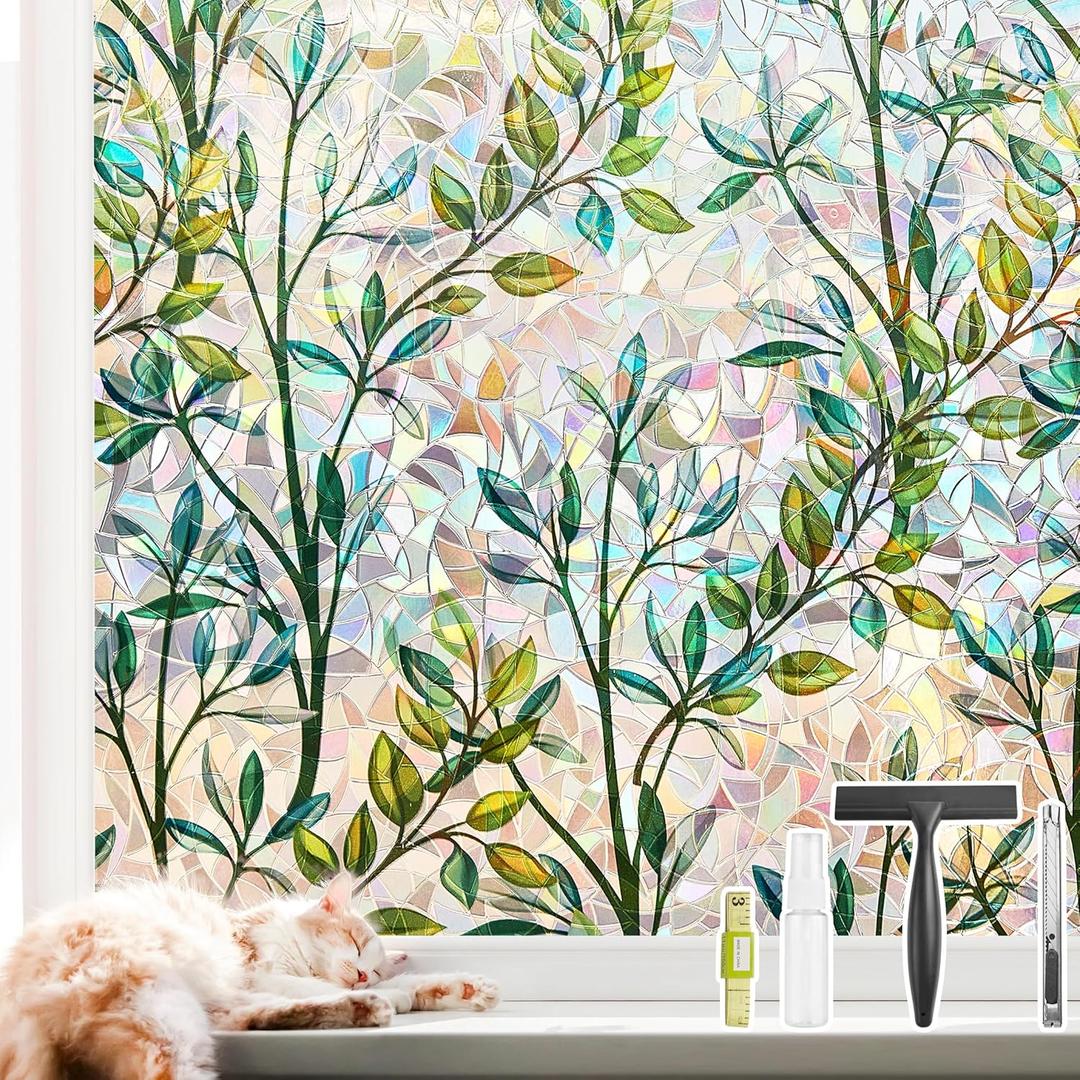 NINETREX Stained Glass Window Film 3D Decorative Cling, Sun Blocking Static Cling Removable Film for Glass Door, Home Decor Window Cover Non-Adhesive 23.6 x 78.7 inches, Leaf