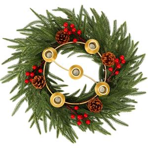 Sliner 15.7 in Christmas Advent Wreath 5 Candle Holder Norfolk Pine Needle Wreath with Gold Ring Candle Holder Pine Cones Red Berries Christmas Centerpiece Decoration for Home Church Winter Holidays