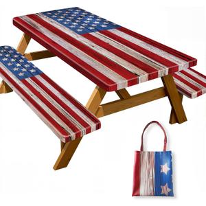 Picnic Table Cover with Bench Covers American Flag Waterproof Windproof Fitted Outdoor Tablecloth with Elastic Rectangle Table Cloth Camping Accessories,72x30 Inch