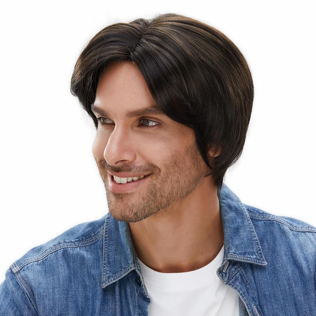 STfantasy Mens Wig Short Straight Middle Part Synthetic Hair for Male Guy Everyday Daily Cosplay Party with Cap (Brown)