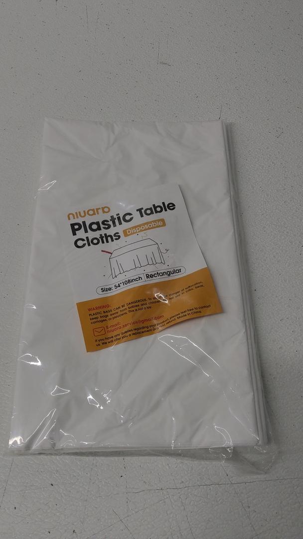 Pureegg Plastic Table Cloth Disposable 10 Pack, 54 x 108 Inch Table Cloths, Party, Picnic, Wedding, Decorative Tablecloths, Rectangle, White Plastic Cover, Leakproof & Sturdy, White