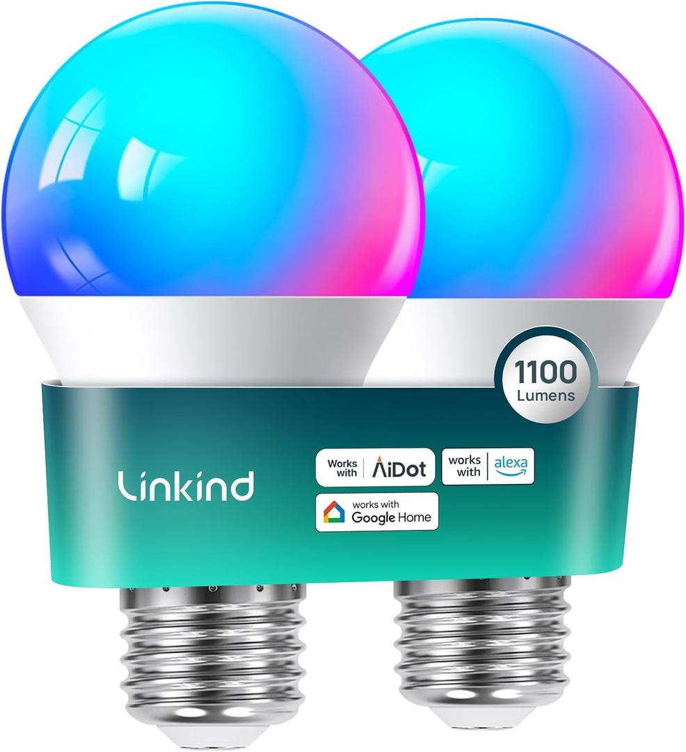 Linkind Smart Light Bulbs, 1100LM (75W Equivalent) Smart Bulb, Work with Alexa & Google Home, RGBTW Color Changing Bulbs Music Sync, 2.4GHz Wi-Fi & Bluetooth, LED Alexa Light Bulbs 11W, A19 E26, 2 Pack