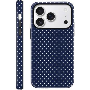 Case for iPhone 17 Pro Max, Glossy Hybrid 2-Layer Hard Shell, Aesthetic Scratch Resistant Cover, Navy Blue Polka Dot