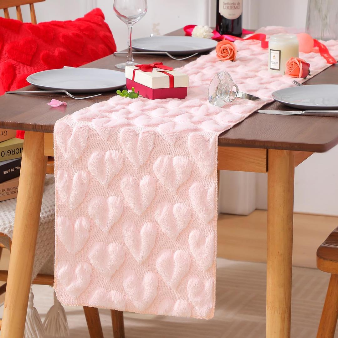 Table Runner 13x72 Inch for Valentine's Day, 3D Heart Shape Winter Holiday Decorative Farmhouse Table Decorations for Kitchen Dinning, Indoor Outdoor Dinner Party Decor (Pink)