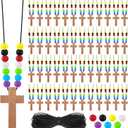 Kathfly DIY Wood Cross on Cord Pendant Necklace Sunday School Crafts for Kids Wood Cross Necklace with Colorful Beads Religious Party Favor for Vbs Church Easter Gifts