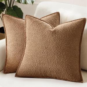 MIULEE Pack of 2 Decorative Textured Boucle Throw Pillow Covers 18x18 Inch Brown Broadside Thick Boho Pillows for Farmhouse Accents Sofa Couch Bedroom Living Room Home Decor
