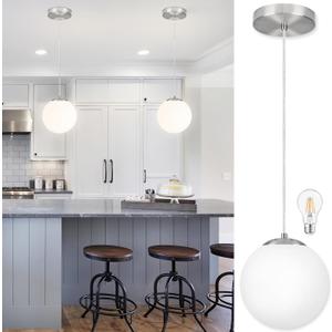 KoKo&Yukina 8 Inch Globe Pendant Light Nickel Globe Pendant Lights Kitchen Island Mid Century Light Fixture with Milky White Glass Shade Adjustable Lights for Dining Room