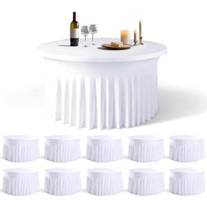 WJWHQ 10 Pack White Round Spandex Tablecloths for 60in Tables, 120Inch Stretchy Fitted 5FT Round Table Clothes,Wrinkle Free Table Cover with Skirt for Wedding Party Dining Banquet
