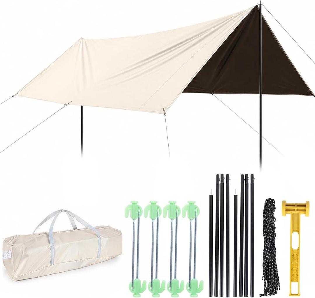 Waterproof Camping Tarp Hammock Rain Fly -9.8×9.8ft with 2 Poles, Mutifunctional Tent UV Protection & Lightweight Tarp, for Camping, Outdoor, Traveling, Hiking (Quadrilateral, Khaki), 3x3m