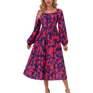 Women's Long Sleeve Button Decor Dress Boho Flowy Square Neck Maxi Dress 2025 Fall Casual Trendy Dresses (XL)