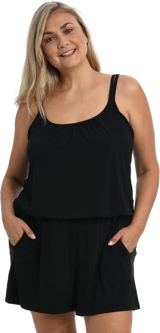 Maxine of Hollywood Womens Romper One Piece Swimsuit (12, Black//Solids)