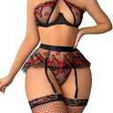 WDIRARA Women's Sexy Lips Print Criss Cross Lace Mesh Cut Out Garter Belt Lingerie Set with Stocking, Size XL