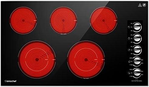 AMZCHEF Electric Cooktop 36 inch Built-in Stove with 5 Burners,8900W Power Control by Knob,Ceramic Electric Stove with Hot Surface Indicator,220V-240V