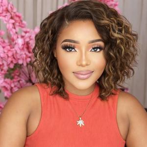 WIGER Curly Human Hair Lace Frontal Wigs Highlight Curly Bob Lace Hair Wig Brown Mixed Blonde Short Curly Lace Hand-knitting Wigs for Women 10 Inches Glueless Side Part Pixie Wig 180% Density