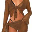 Women's 2 Pieces Outfits Mesh Perspective Suit Swimming Beach Long Sleeve Crop Top and Mini Skirt Set (Brown, S)