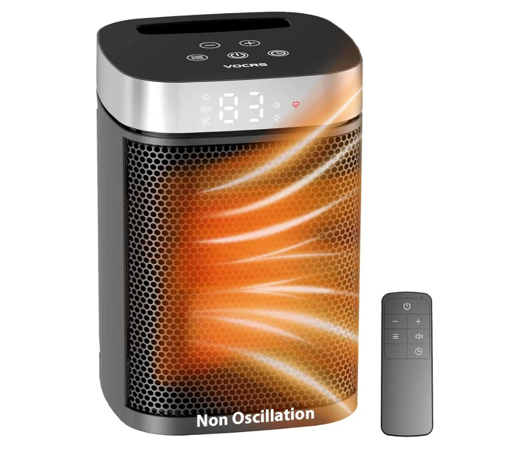 mall Portable Space Heater for Indoor Use - VOCRS 1500W PTC Electric Heater with Thermostat, Remote Control, 12H Timer, Eco and Fan Mode, Rapid and Safe Heating for Bedroom, Office