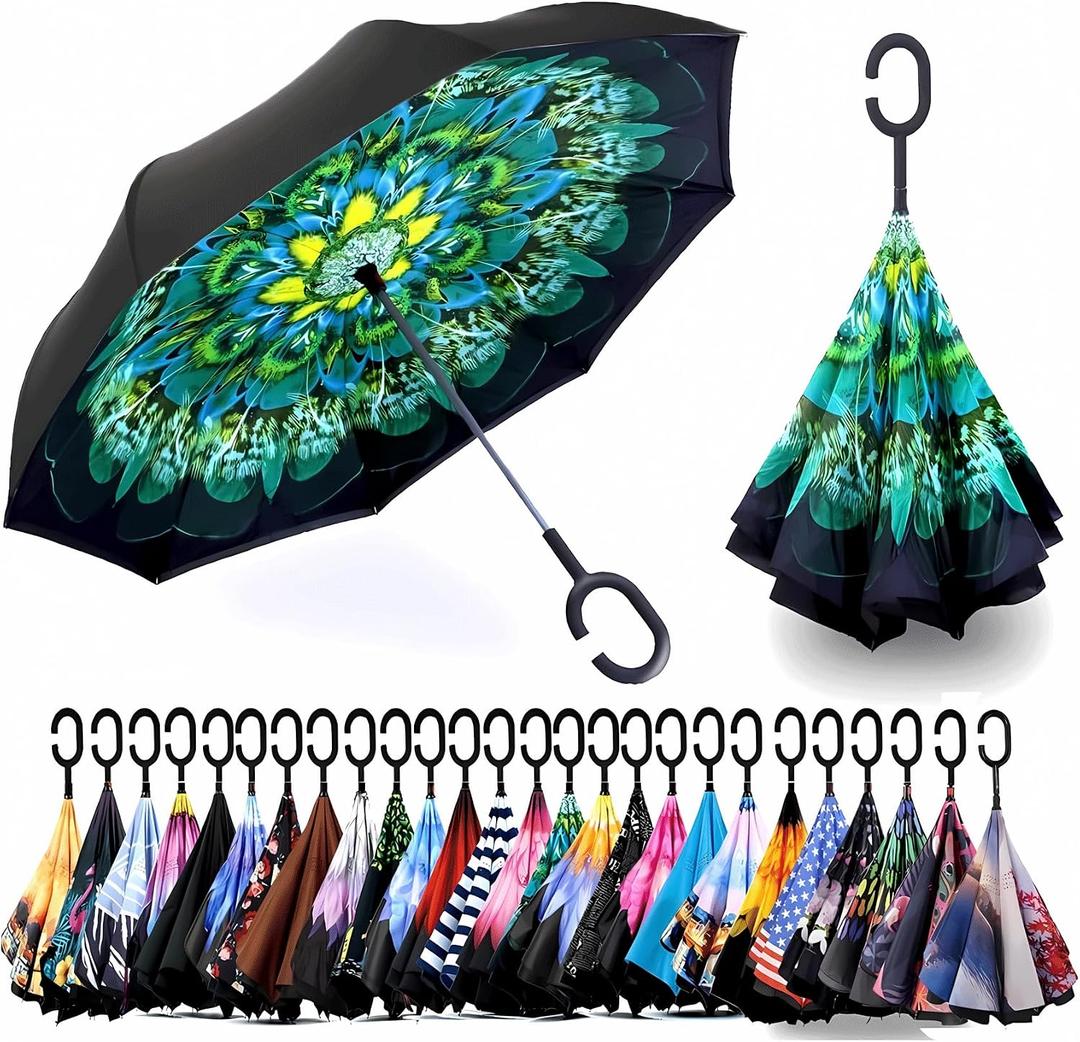 SIEPASA 49/56 Inch Inverted Reverse Upside Down Umbrella, Extra Large Double Canopy Vented Windproof Waterproof Stick Golf Umbrellas with C-shape Handle.