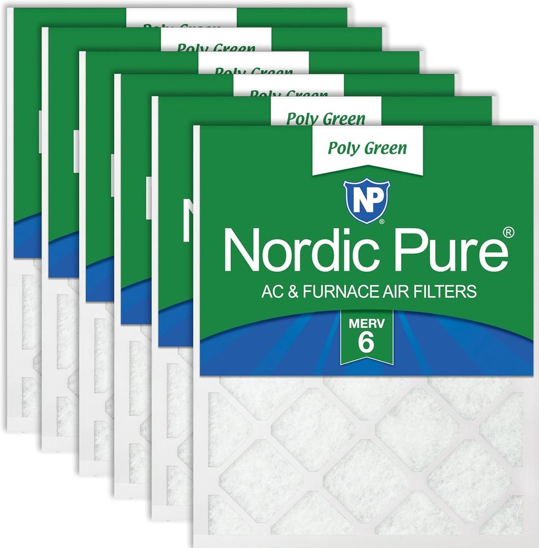 Nordic Pure 18x25x1 Poly Green MERV 6 Pleated AC Furnace Air Filters 6 Pack | Actual Size: 17 1/2 x 24 1/2 x 3/4 Made in USA, Standard HVAC Filtration, Recycled Media, Larger Airborne Particles