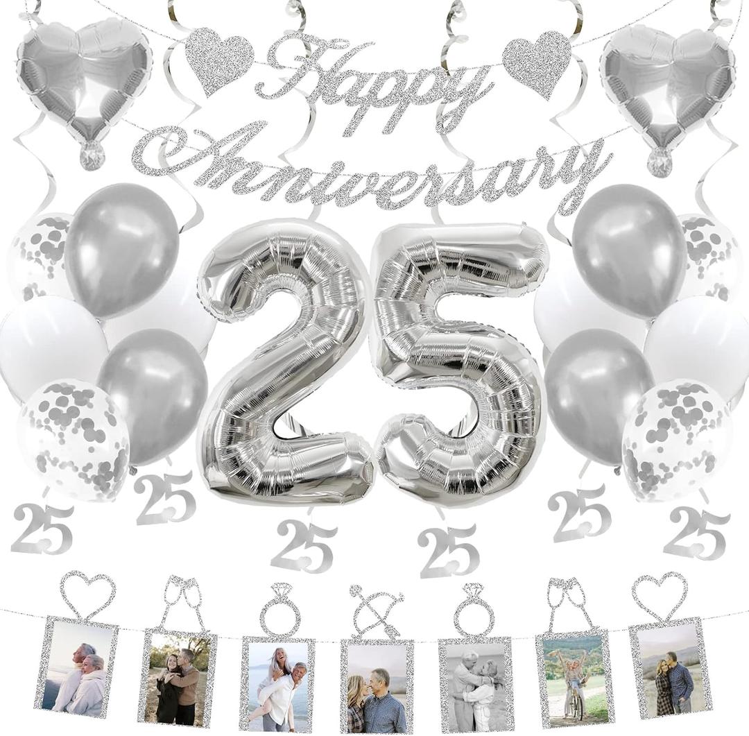 Concico 25th Anniversary Decorations Party Supplies Set of Happy Anniversary Photo Banner and Balloons,Hanging Swirls for 25 year Wedding decor(silver)