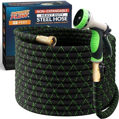 Amazon.com : PowerFlow Garden Hose, NON-EXPANDABLE 25 Feet Premium Quality Stainless Steel Metal Water Hose with Durable Fabric Skin, Hose For Commercial, Residential Use, Bonus 10-way Spray Nozzle (25 Ft, Black) : Patio, Lawn & Garden