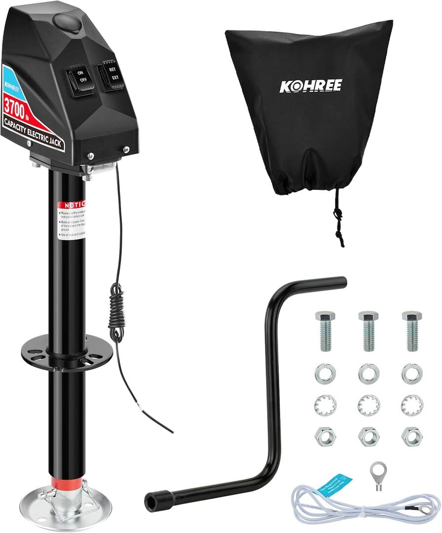 Kohree Electric Trailer Jack 3700lbs, Heavy Duty RV Electric Power Tongue Jack for Travel Trailer A-Frame Camper, with Manual Crank Handle & Weatherproof Jack Cover, 22" Lift, 12V DC with Wiring