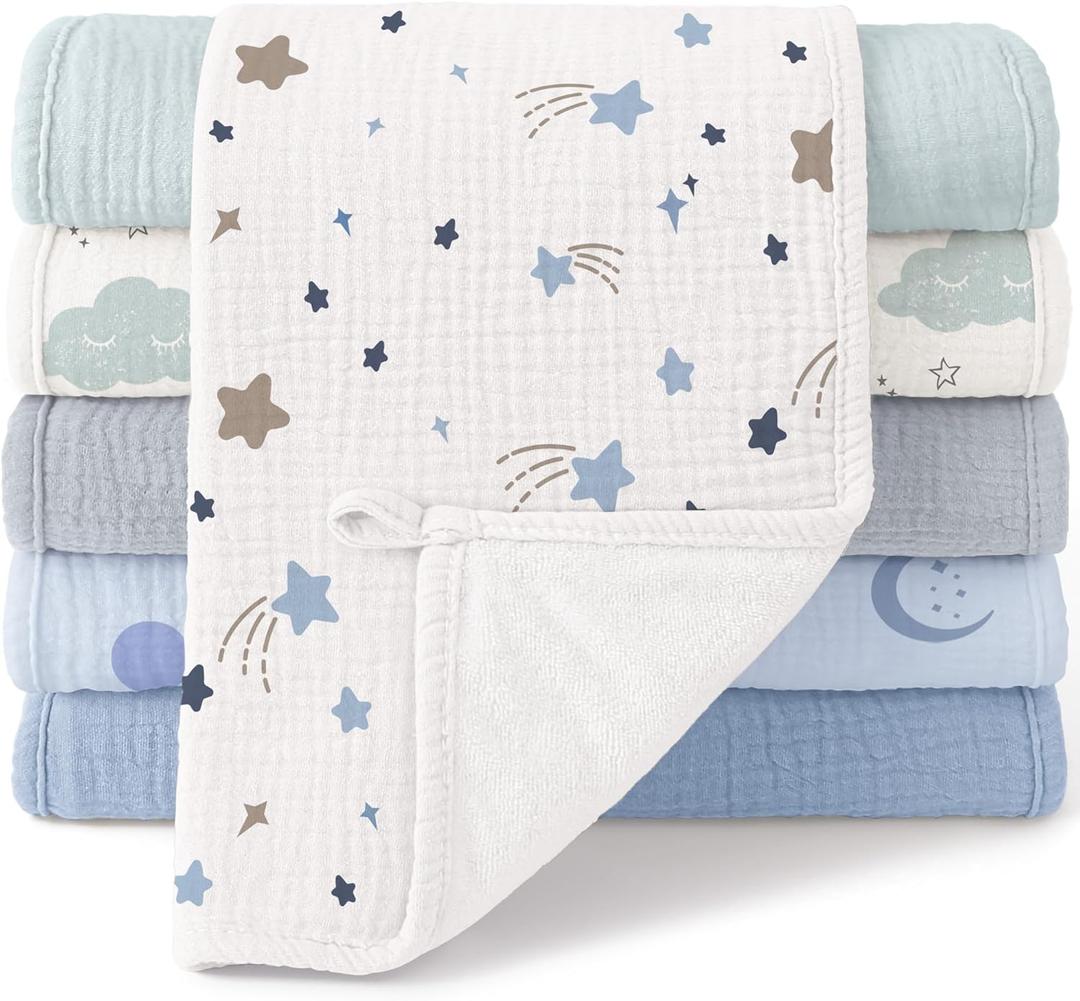 Bearmoss Muslin Burp Cloths, 100% Cotton Baby Burping Clothes, Large Extra Soft Absorbent for Unisex Newborn Boy and Girl, 20x10in, 6 Pack, Blue Print