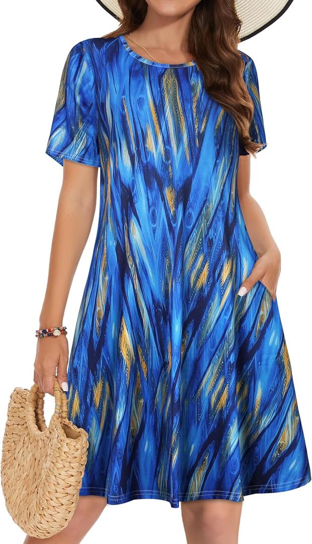 Summer Dresses for Women Casual Tshirt Short Sleeve Floral Sundress Beach Cover Ups with Pockets (Small, Blue Stripe)